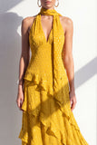 A-Line Yellow Halter Neck Chiffon Maxi Dress with Ruffles