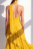 A-Line Yellow Halter Neck Chiffon Maxi Dress with Ruffles