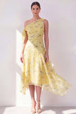 One Shoulder A-Line Yellow Chiffon Asymmetrical Midi Floral Dress