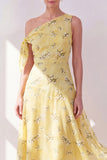 One Shoulder A-Line Yellow Chiffon Asymmetrical Midi Floral Dress
