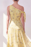 One Shoulder A-Line Yellow Chiffon Asymmetrical Midi Floral Dress