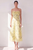 Yellow A-Line Strapless Chiffon Ruffled Midi Floral Dress