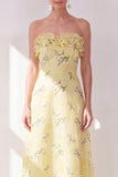 Yellow A-Line Strapless Chiffon Ruffled Midi Floral Dress