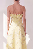 Yellow A-Line Strapless Chiffon Ruffled Midi Floral Dress