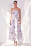 Lilac Flower A-Line Strapless Chiffon Midi Dress
