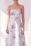 Lilac Flower A-Line Strapless Chiffon Midi Dress