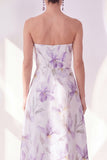 Lilac Flower A-Line Strapless Chiffon Midi Dress