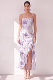 Lilac Flower Spaghetti Straps Chiffon Sheath Ruffled Midi Dress with Slit