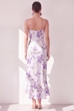 Lilac Flower Spaghetti Straps Chiffon Sheath Ruffled Midi Dress with Slit