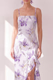 Lilac Flower Spaghetti Straps Chiffon Sheath Ruffled Midi Dress with Slit