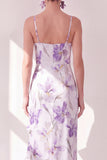 Lilac Flower Spaghetti Straps Chiffon Sheath Ruffled Midi Dress with Slit