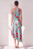 Blue Red Flower One Shoulder A-Line Asymmetrical Midi Dress
