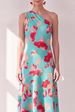 Blue Red Flower One Shoulder A-Line Asymmetrical Midi Dress