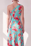 Blue Red Flower One Shoulder A-Line Asymmetrical Midi Dress