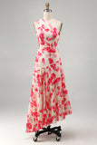 A-Line Pink Red Flower One Shoulder Asymmetrical Midi Dress