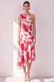 Blue Red Flower One Shoulder A-Line Asymmetrical Midi Dress