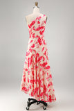 A-Line Pink Red Flower One Shoulder Asymmetrical Midi Dress