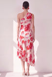 Blue Red Flower One Shoulder A-Line Asymmetrical Midi Dress