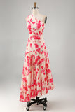 A-Line Pink Red Flower One Shoulder Asymmetrical Midi Dress