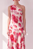 Blue Red Flower One Shoulder A-Line Asymmetrical Midi Dress