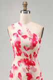 A-Line Pink Red Flower One Shoulder Asymmetrical Midi Dress