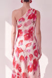 Blue Red Flower One Shoulder A-Line Asymmetrical Midi Dress
