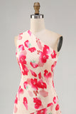 A-Line Pink Red Flower One Shoulder Asymmetrical Midi Dress