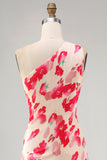 A-Line Pink Red Flower One Shoulder Asymmetrical Midi Dress