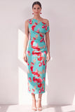 Blue Red Flower One Shoulder Bodycon Ruched Midi Dress