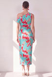 Blue Red Flower One Shoulder Bodycon Ruched Midi Dress