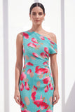 Blue Red Flower One Shoulder Bodycon Ruched Midi Dress