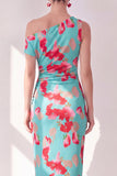 Blue Red Flower One Shoulder Bodycon Ruched Midi Dress