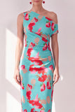 Blue Red Flower One Shoulder Bodycon Ruched Midi Dress