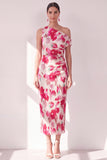 Blue Red Flower One Shoulder Bodycon Ruched Midi Dress