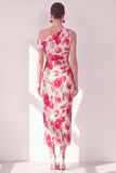 Blue Red Flower One Shoulder Bodycon Ruched Midi Dress