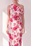 Blue Red Flower One Shoulder Bodycon Ruched Midi Dress