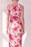 Blue Red Flower One Shoulder Bodycon Ruched Midi Dress