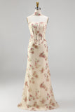 Apricot Strapless Corset Maxi Floral Dress with Neck Scarf