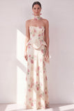 Apricot Strapless Corset Maxi Floral Dress with Neck Scarf