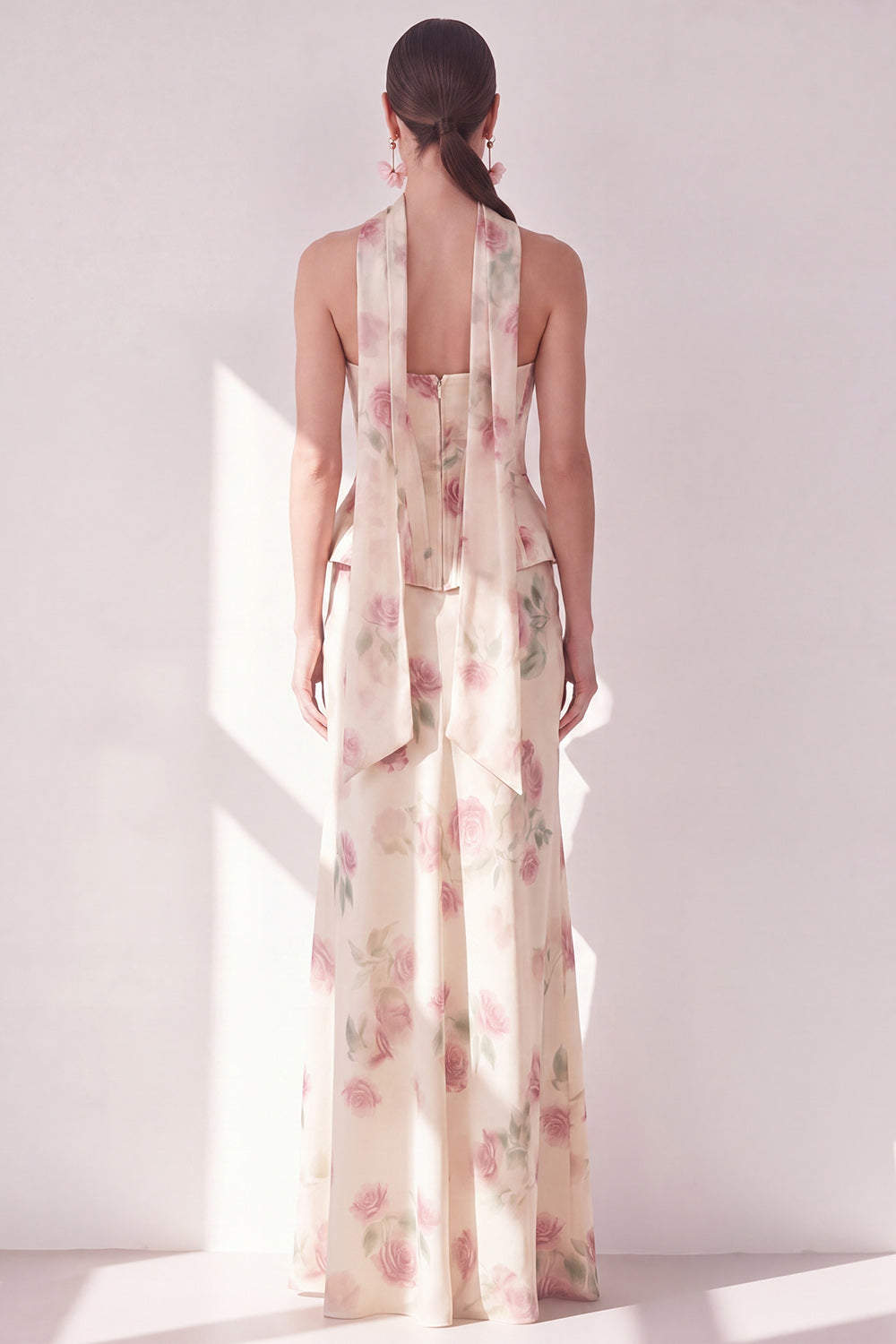 Zapaka Women Apricot Maxi Floral Dress with Neck Scarf Strapless Corset Wedding Guest Dress, Apricot / US18W