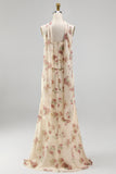 Apricot Strapless Corset Maxi Floral Dress with Neck Scarf