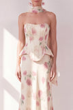Apricot Strapless Corset Maxi Floral Dress with Neck Scarf