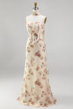 Apricot Strapless Corset Maxi Floral Dress with Neck Scarf