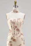 Apricot Strapless Corset Maxi Floral Dress with Neck Scarf