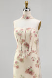 Apricot Strapless Corset Maxi Floral Dress with Neck Scarf