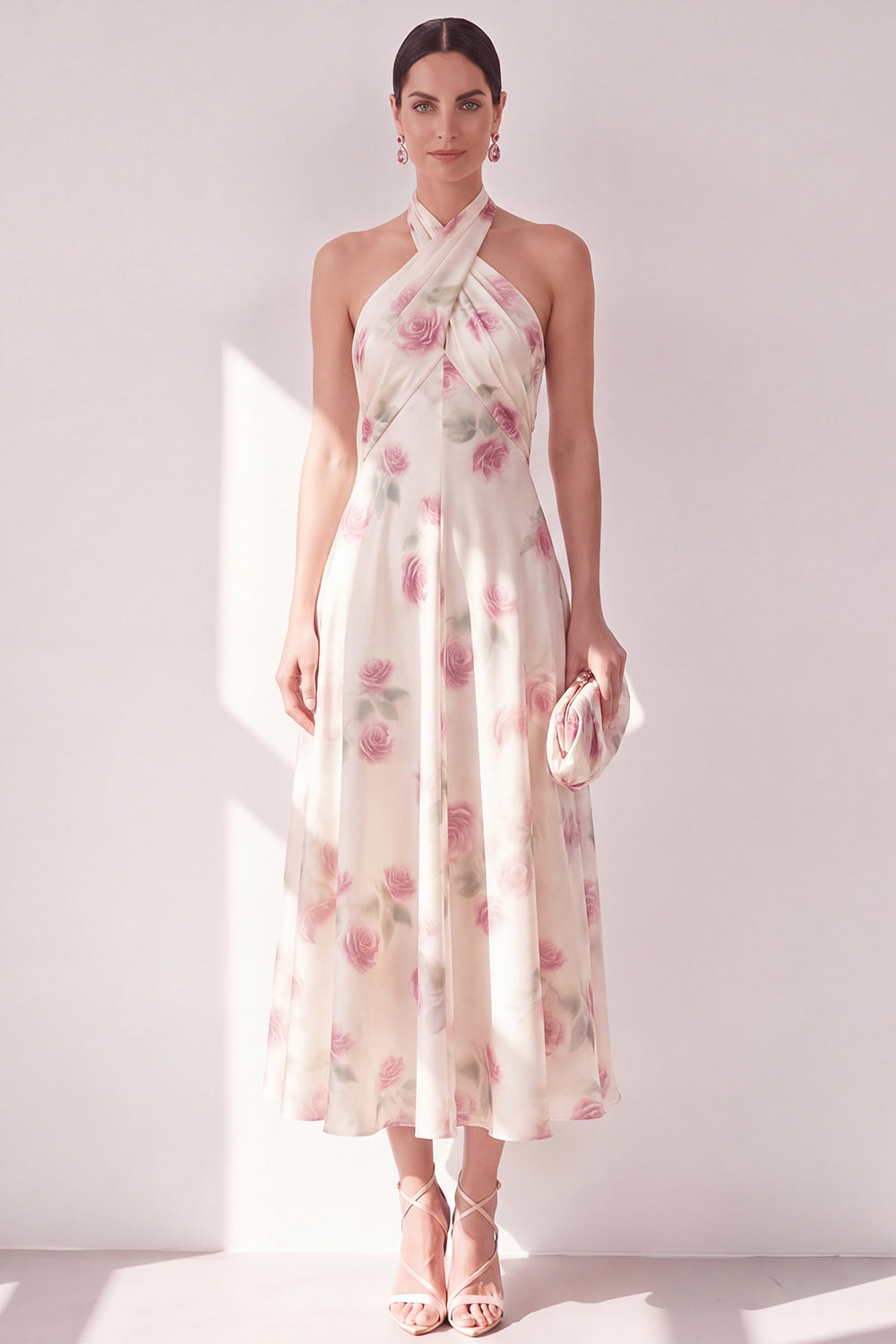 Zapaka Women Apricot A-Line Midi Floral Dress Halter Neck Wedding Guest Dress, Apricot / US6