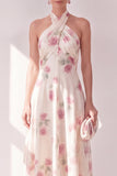 Apricot Halter Neck A-Line Midi Floral Dress