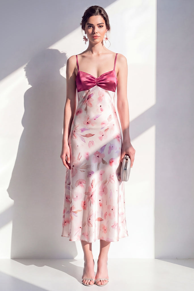 Zapaka Women Pink A-Line Floral Midi Dress Satin Spaghetti Straps ...