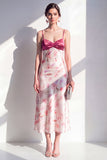 Pink A-Line Satin Spaghetti Straps Floral Midi Dress