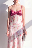 Pink A-Line Satin Spaghetti Straps Floral Midi Dress